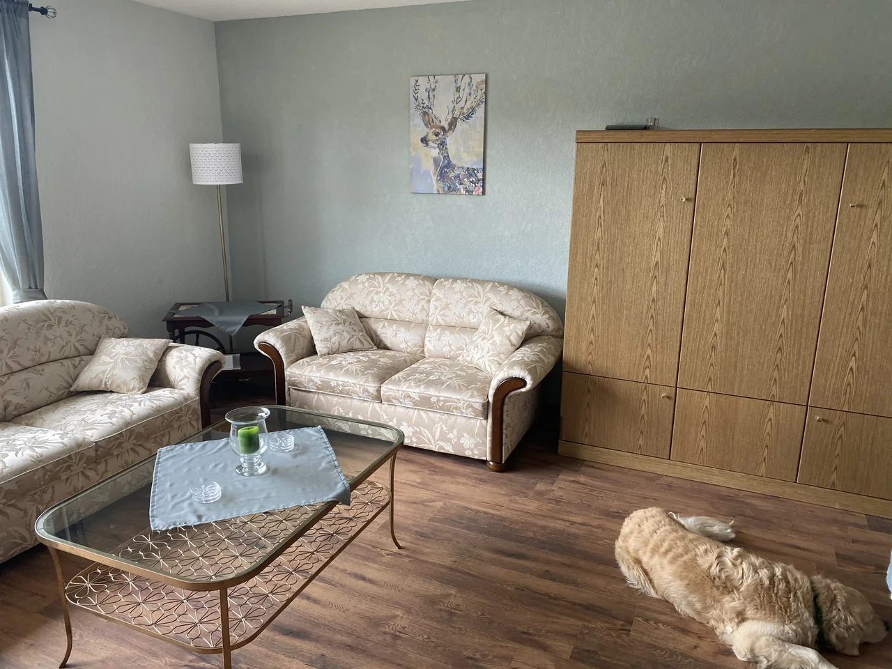 Wohnzimmer mit Sofas und Schrankbett in der FeWo Capreolus